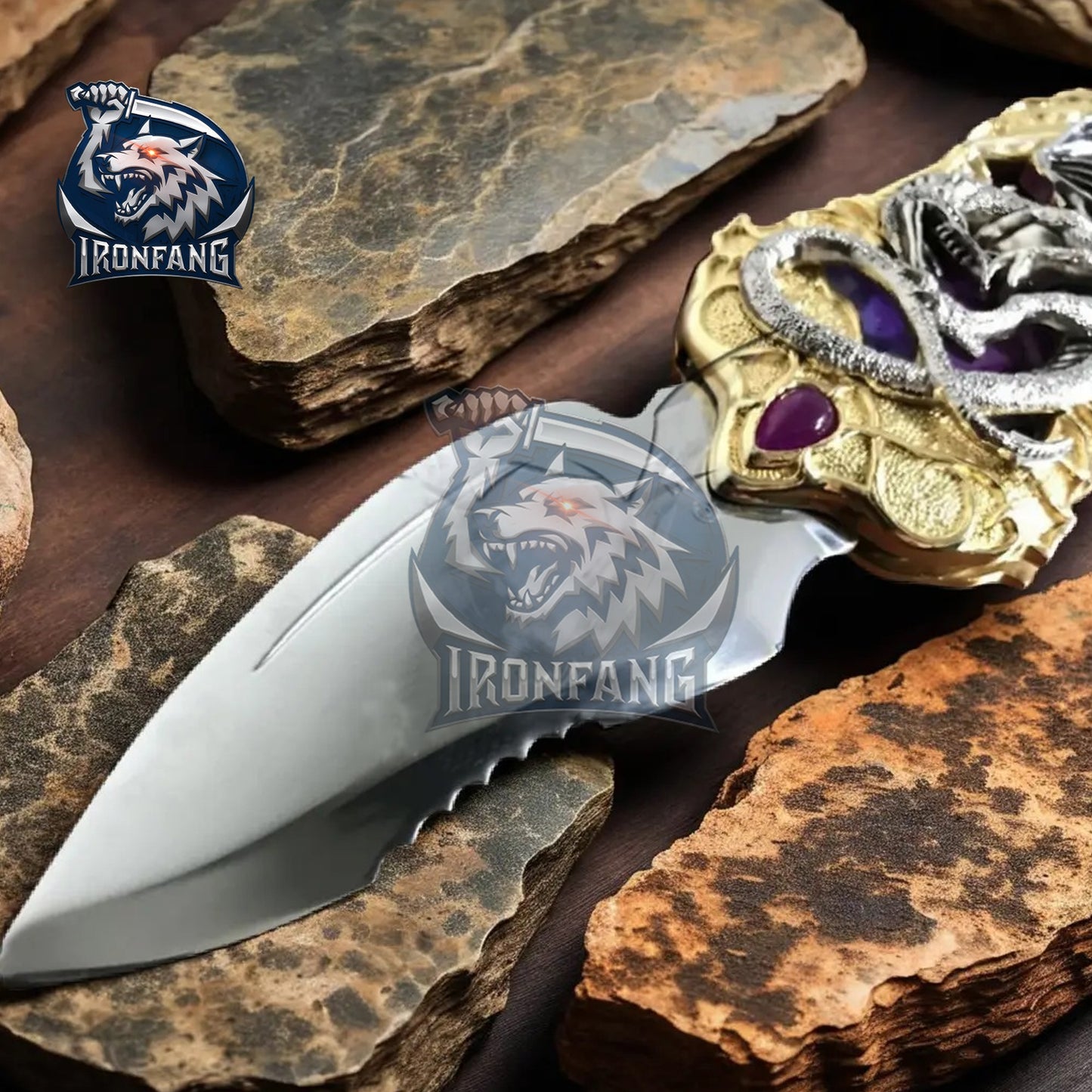 Silver Fantasy Dragon Knife 7" Gold Handle Steel Blade Best Folding Knife for Hunting,Camping, collection Gift for Father, boyfriend