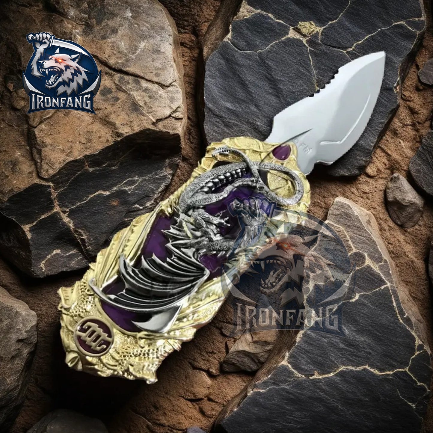 Silver Fantasy Dragon Knife 7" Gold Handle Steel Blade Best Folding Knife for Hunting,Camping, collection Gift for Father, boyfriend