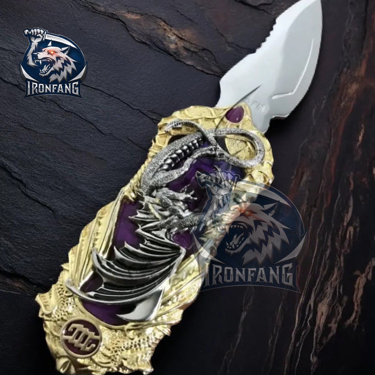 Silver Fantasy Dragon Knife 7" Gold Handle Steel Blade Best Folding Knife for Hunting,Camping, collection Gift for Father, boyfriend