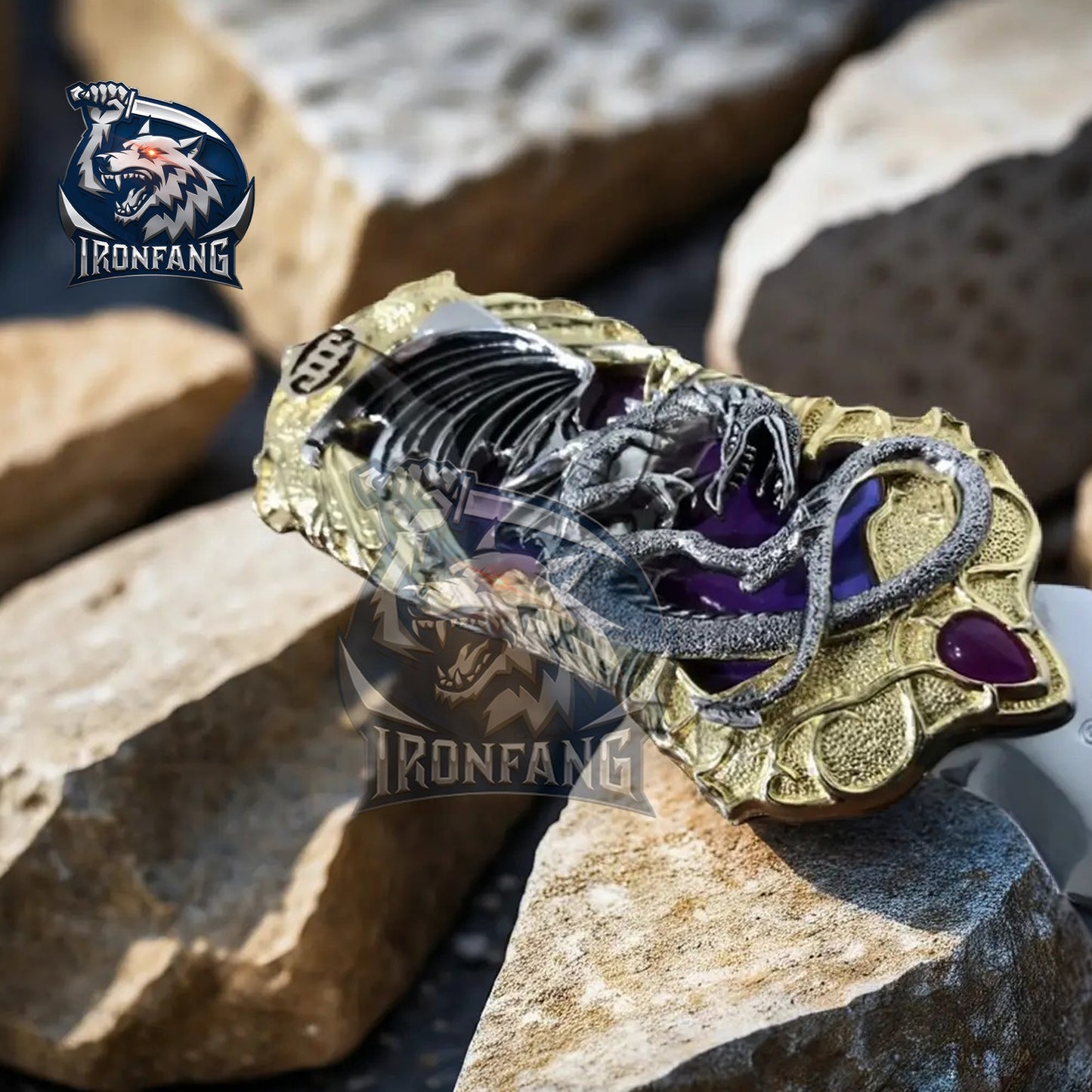 Silver Fantasy Dragon Knife 7" Gold Handle Steel Blade Best Folding Knife for Hunting,Camping, collection Gift for Father, boyfriend