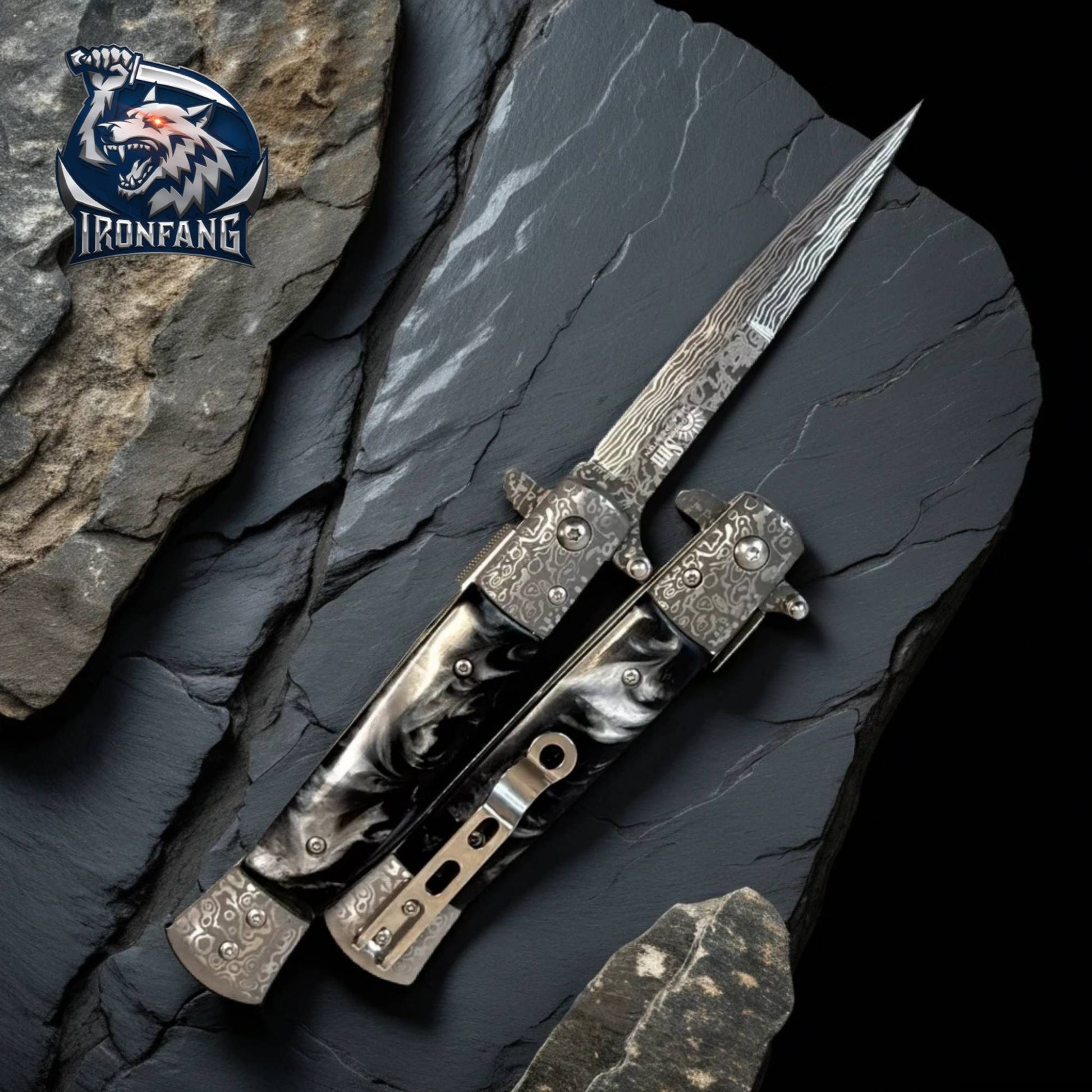 9-inches-Damascus-Stiletto-Folding-Knife-Italian-Godfather-Black-ironfangknife
