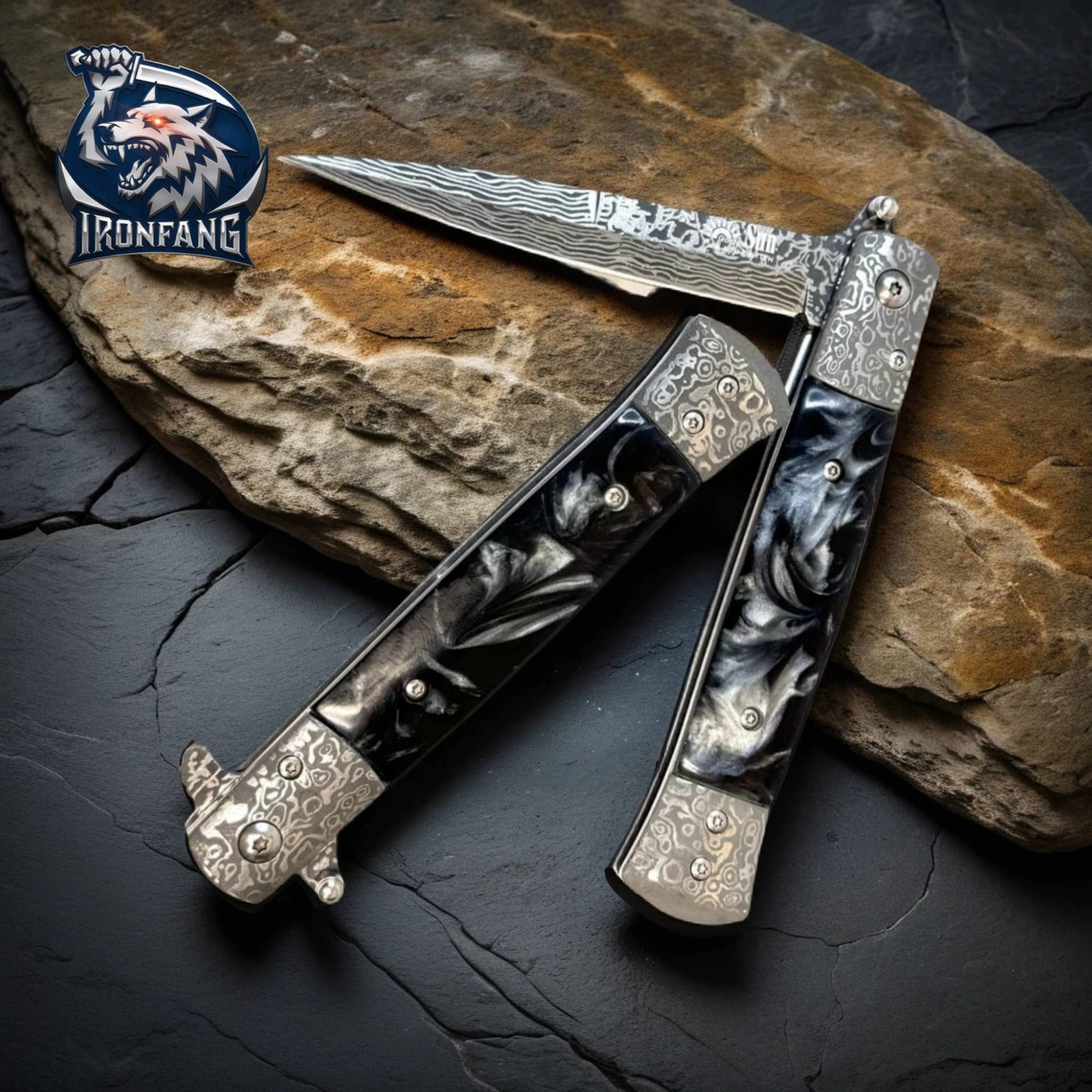9-inches-Damascus-Stiletto-Folding-Knife-Italian-Godfather-Black-ironfangknife
