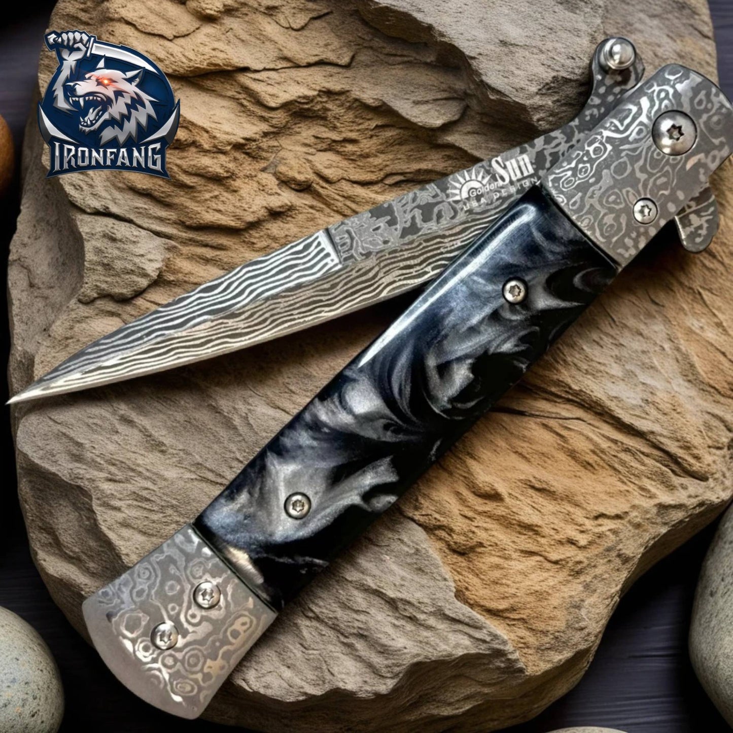 9-inches-Damascus-Stiletto-Folding-Knife-Italian-Godfather-Black-ironfangknife