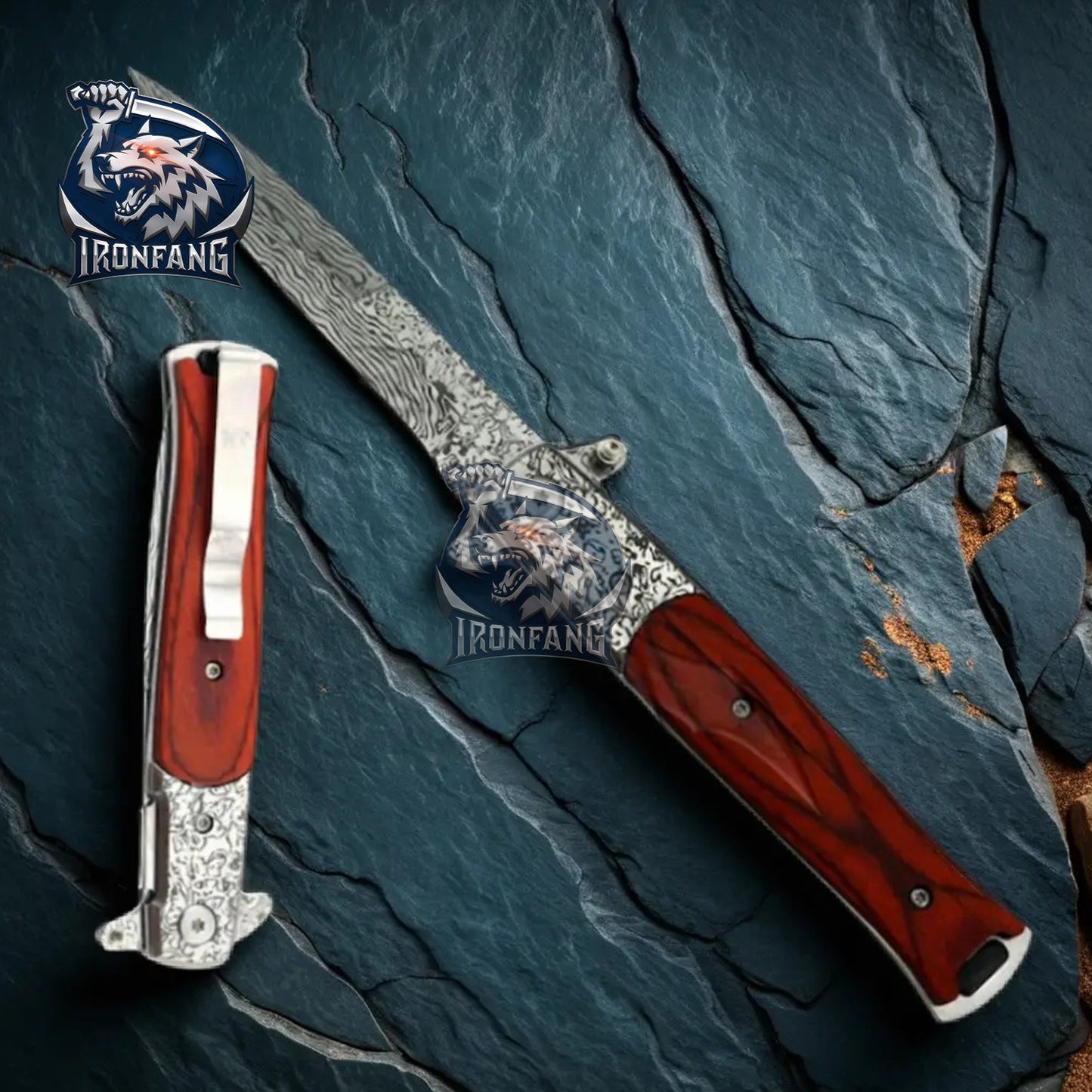 Damascus-Stiletto-Folding-Knife-camping-hunting