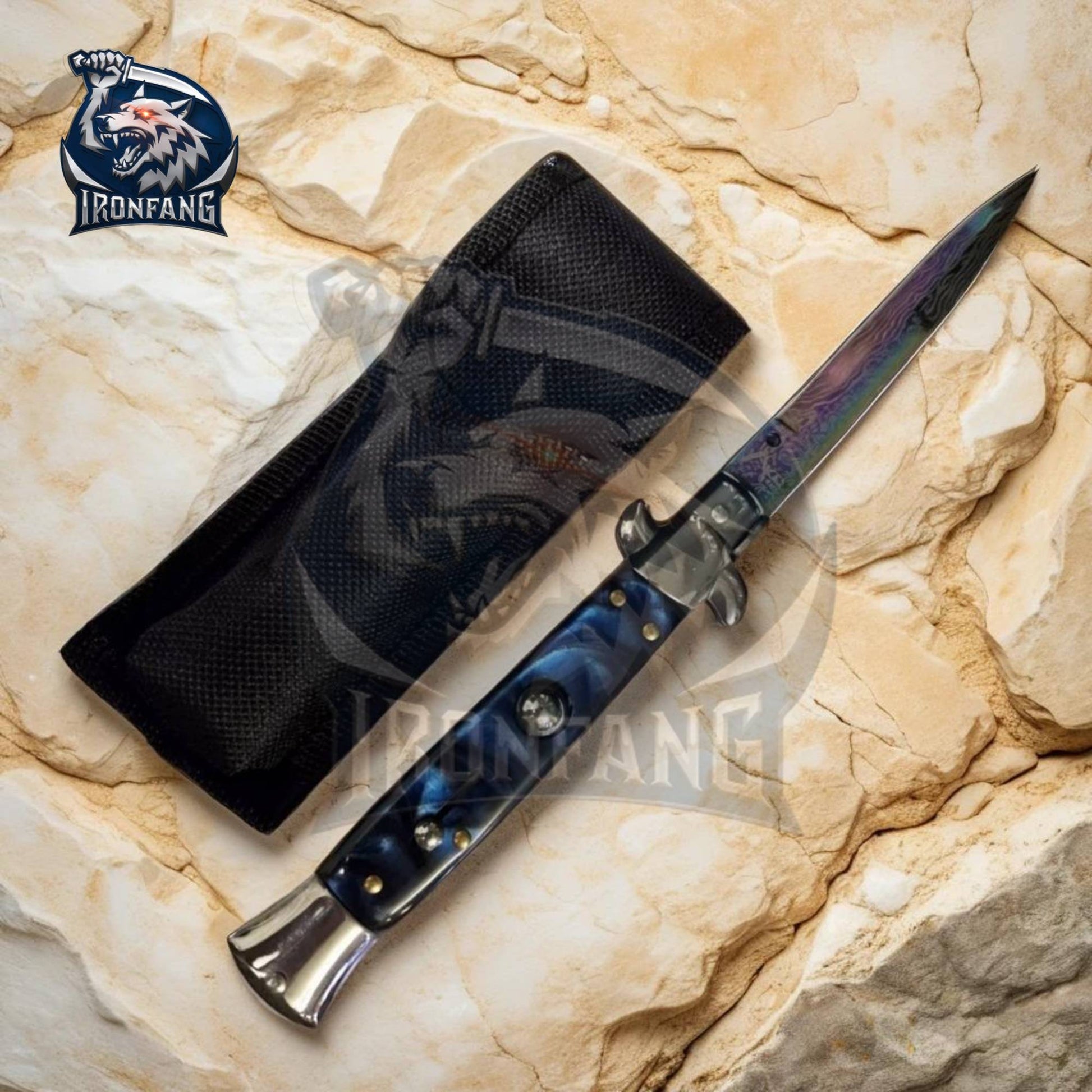 Premium-9-inches-Italian-Stiletto-Folding-Knife-Godfather-Ironfangknife-Blue