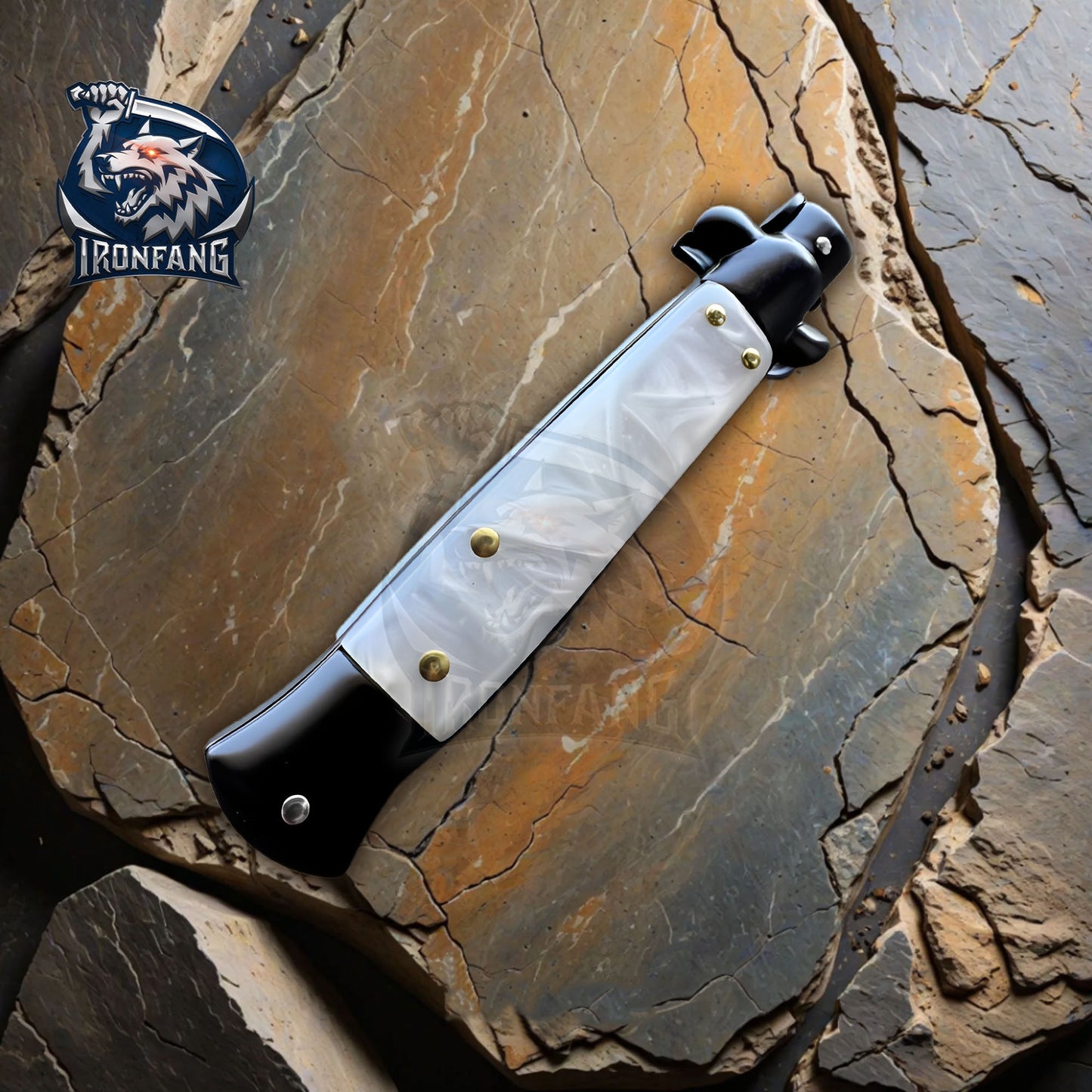 Premium 9" Italian Stiletto Folding Knife Godfather Corleone for Camping, Hunting - Gift for Men, Father, Boyfriend | Ironfangknife Black/White