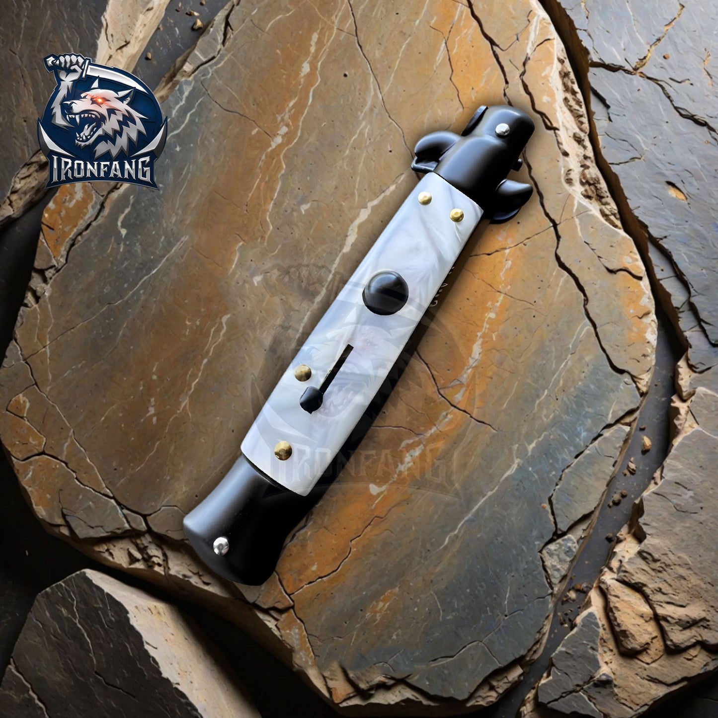 Premium 9" Italian Stiletto Folding Knife Godfather Corleone for Camping, Hunting - Gift for Men, Father, Boyfriend | Ironfangknife Black/White