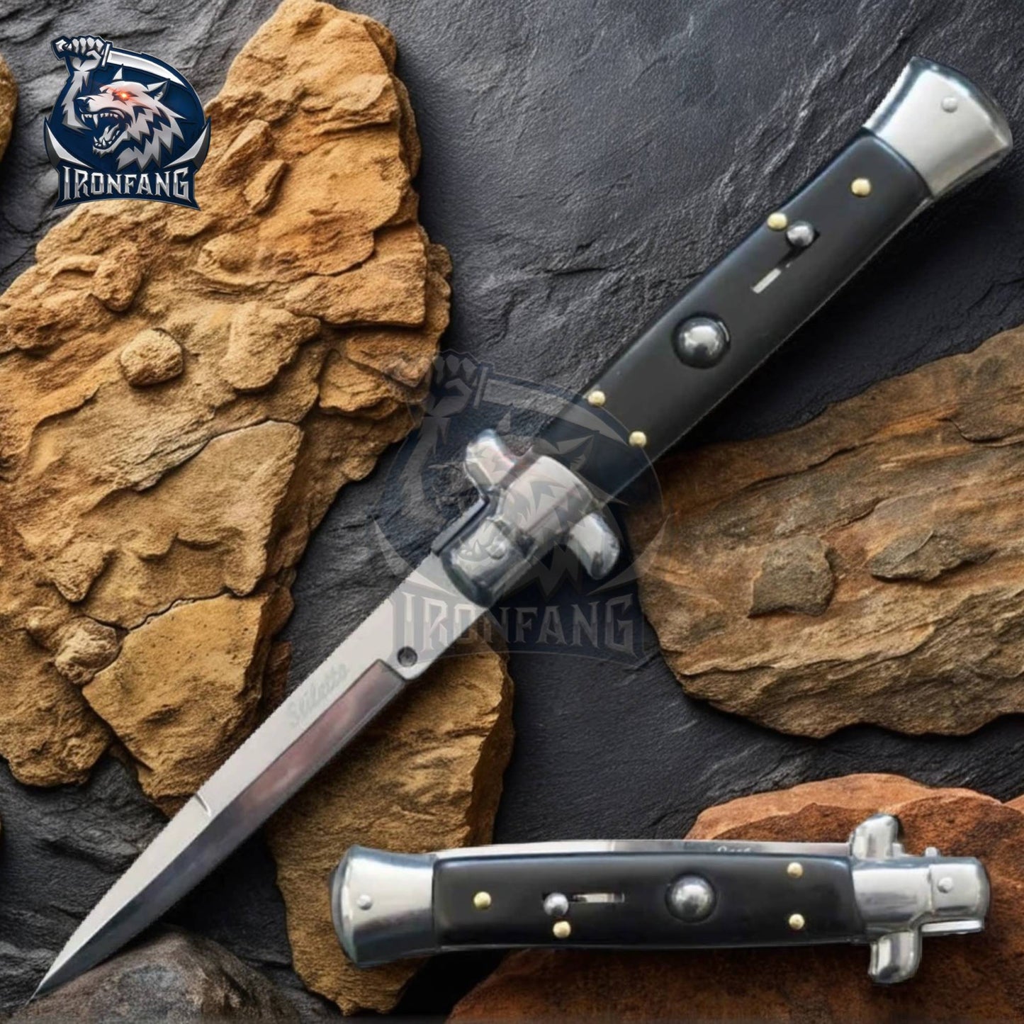 premium 9 inches black stiletto ironfang knife