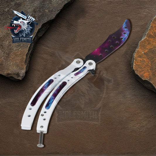 CSGO Practice Knife Balisong Butterfly Trainer Blade -White Galaxy - Pocket Knife for CSgo fan | Ironfangknife
