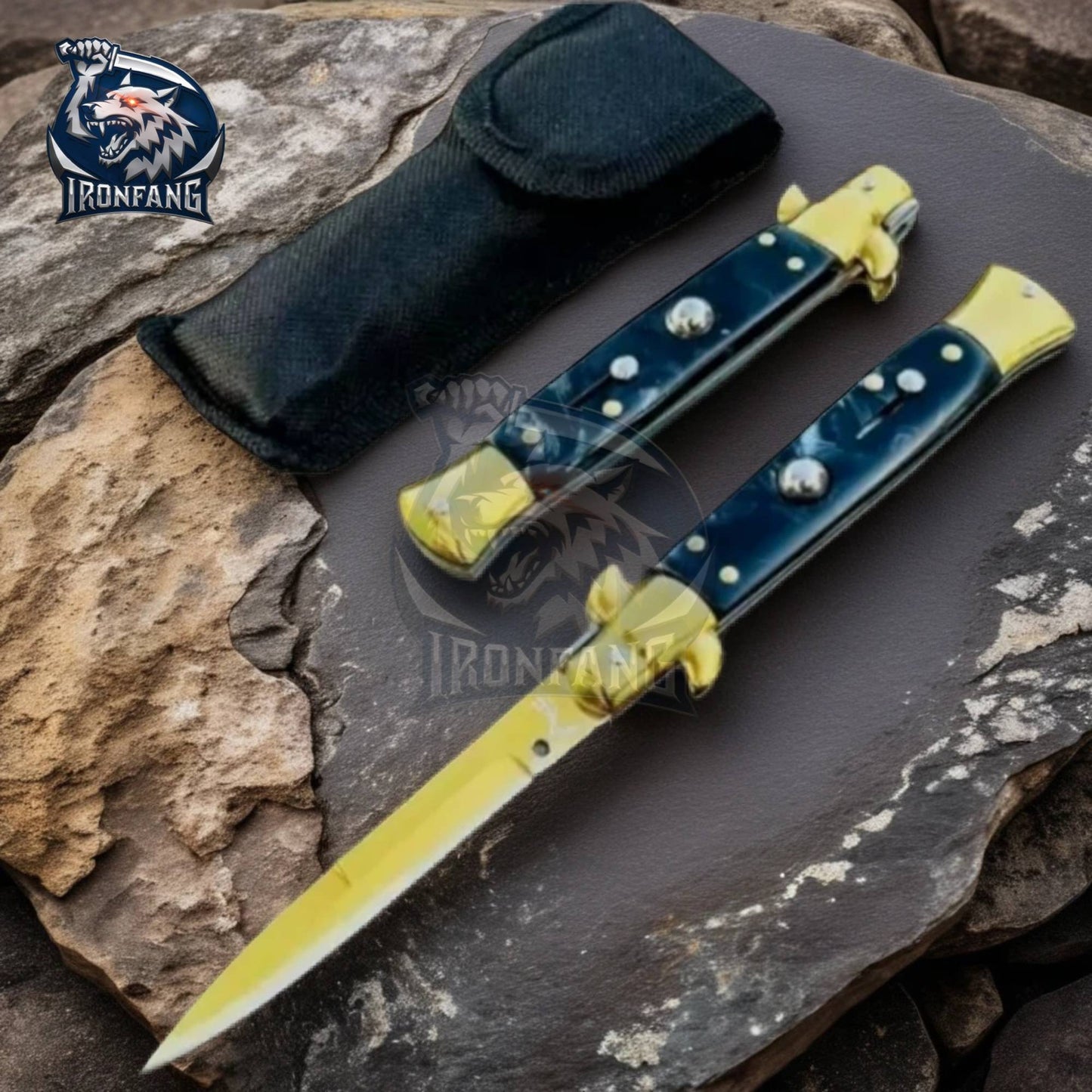 premium 9 inches gold stiletto ironfang knife
