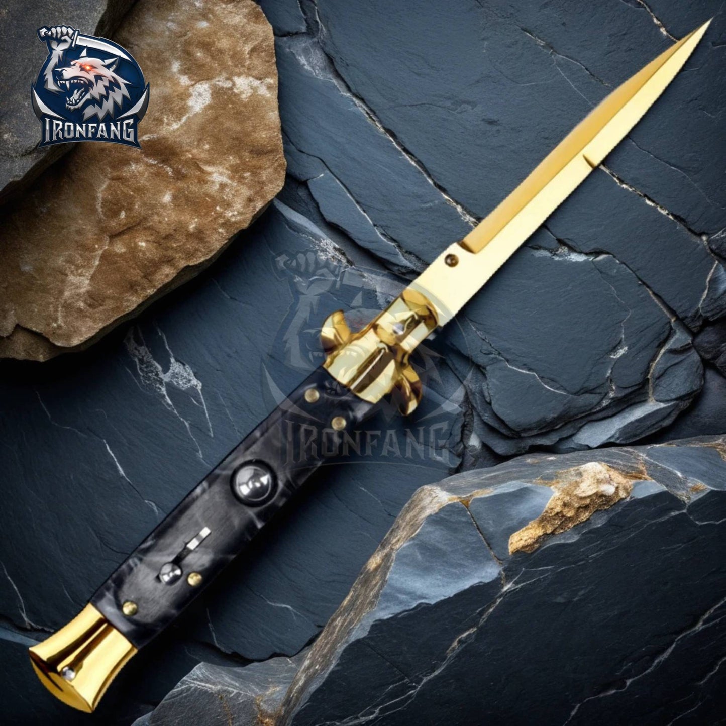 premium 9 inches gold stiletto ironfang knife