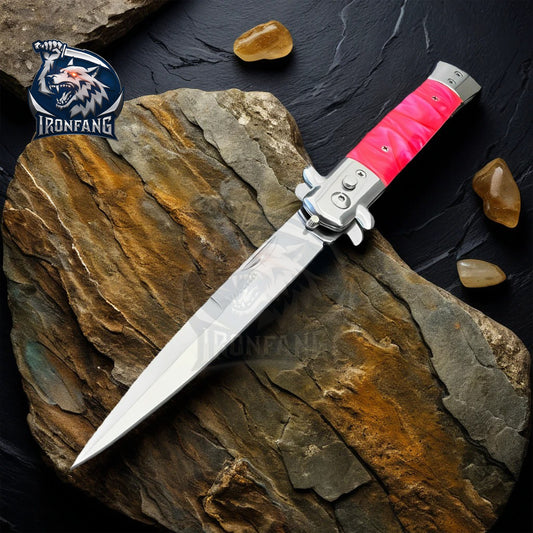 Premium 9" Pink Italian Stiletto Folding Knife Godfather Corleone for Camping, Hunting - Gift for Men, Father, Boyfriend | Ironfangknife
