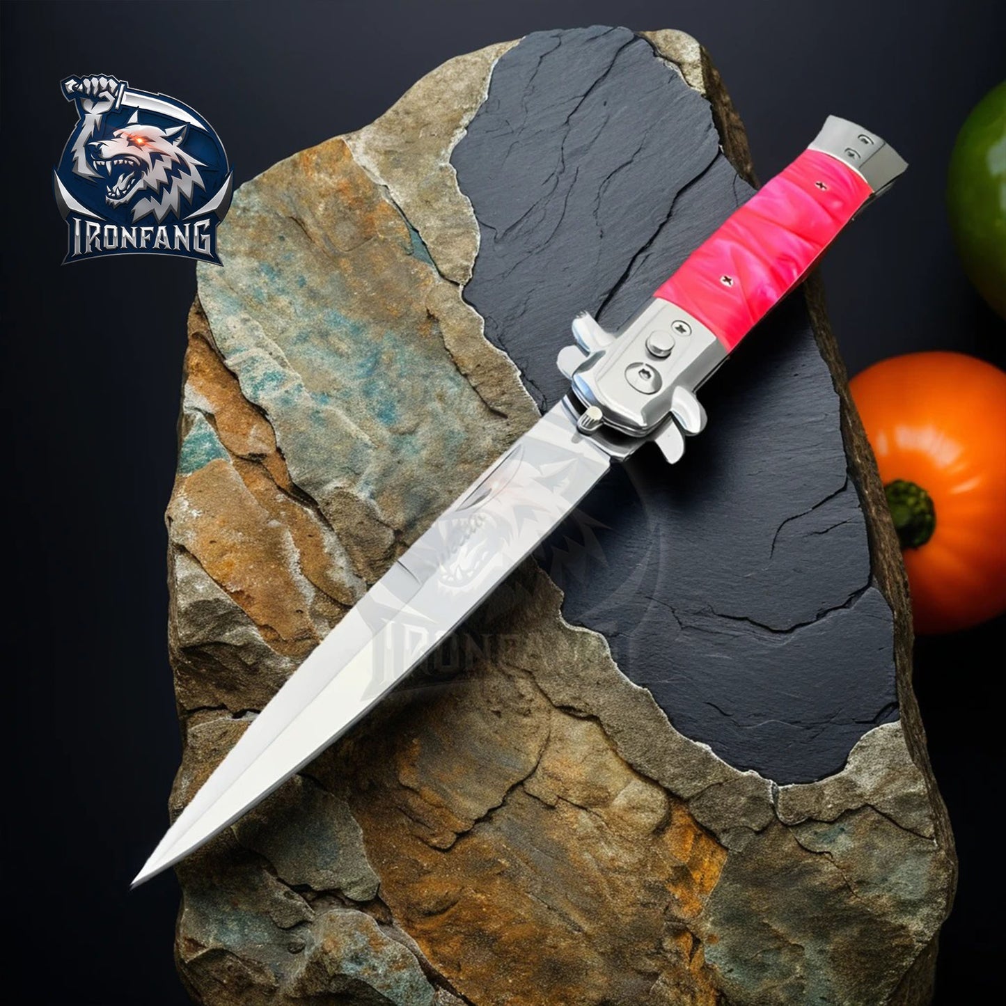 Premium 9" Pink Italian Stiletto Folding Knife Godfather Corleone for Camping, Hunting - Gift for Men, Father, Boyfriend | Ironfangknife