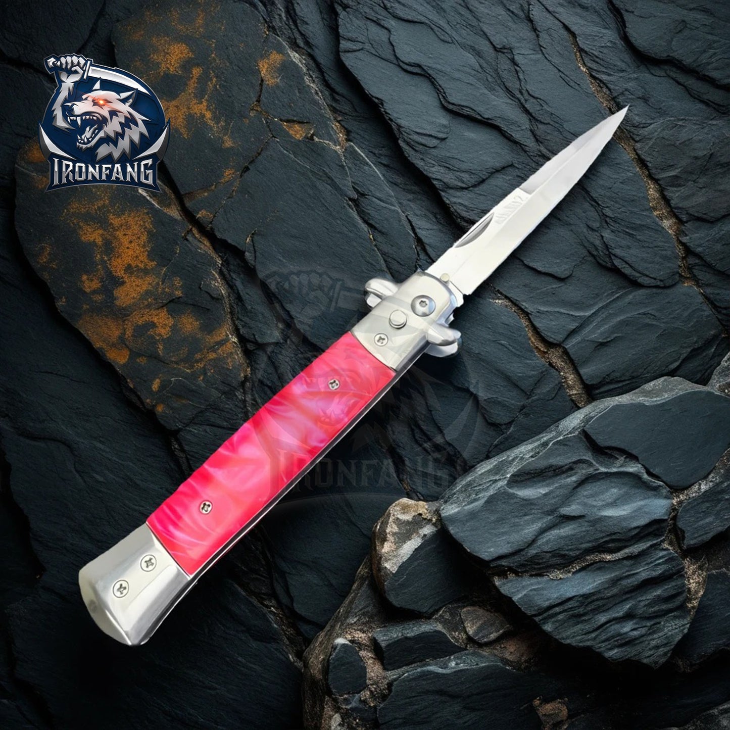 Premium 9" Pink Italian Stiletto Folding Knife Godfather Corleone for Camping, Hunting - Gift for Men, Father, Boyfriend | Ironfangknife