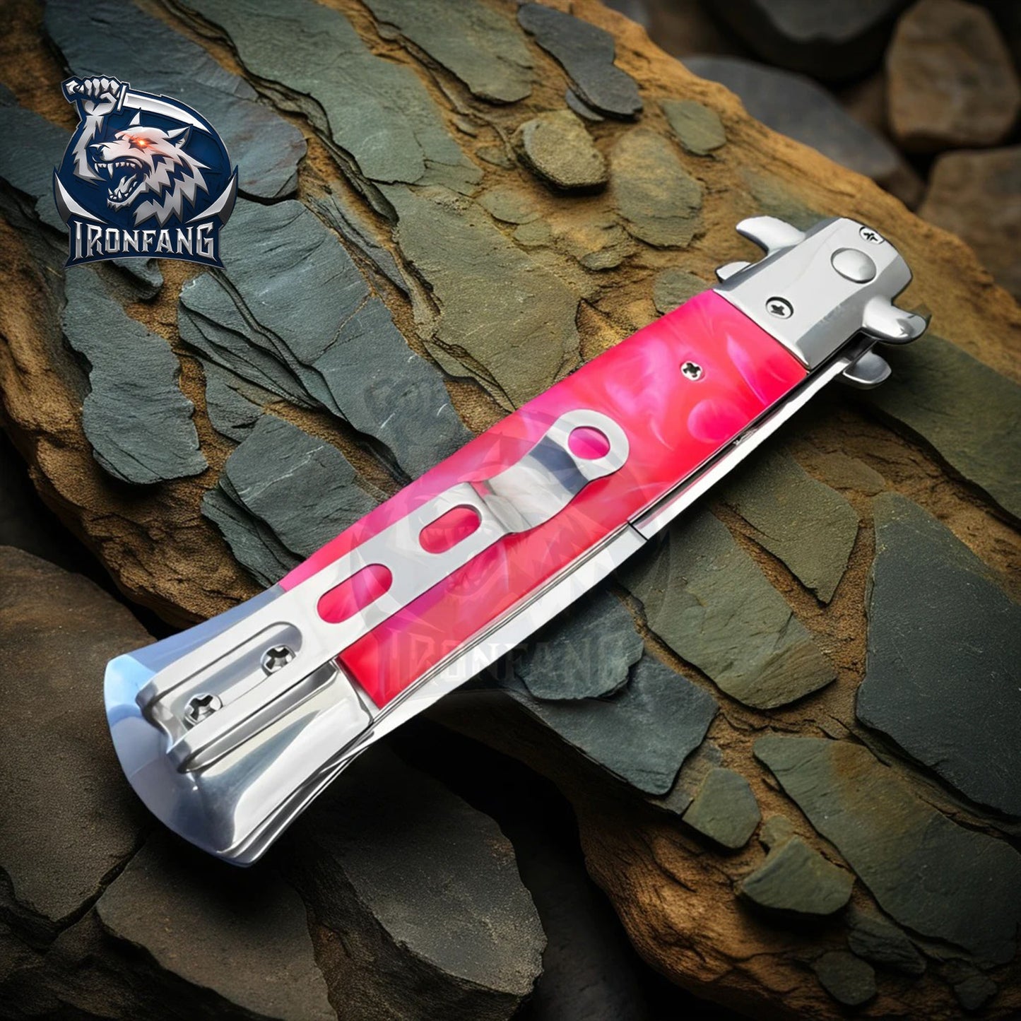 Premium 9" Pink Italian Stiletto Folding Knife Godfather Corleone for Camping, Hunting - Gift for Men, Father, Boyfriend | Ironfangknife