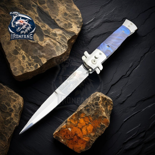 Premium 9" Italian Stiletto Folding Knife Godfather Corleone for Camping, Hunting - Gift for Men, Father, Boyfriend | Ironfangknife Blue