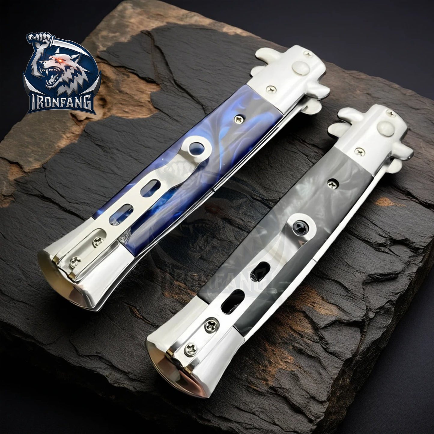 Premium 9" Italian Stiletto Folding Knife Godfather Corleone for Camping, Hunting - Gift for Men, Father, Boyfriend | Ironfangknife Blue