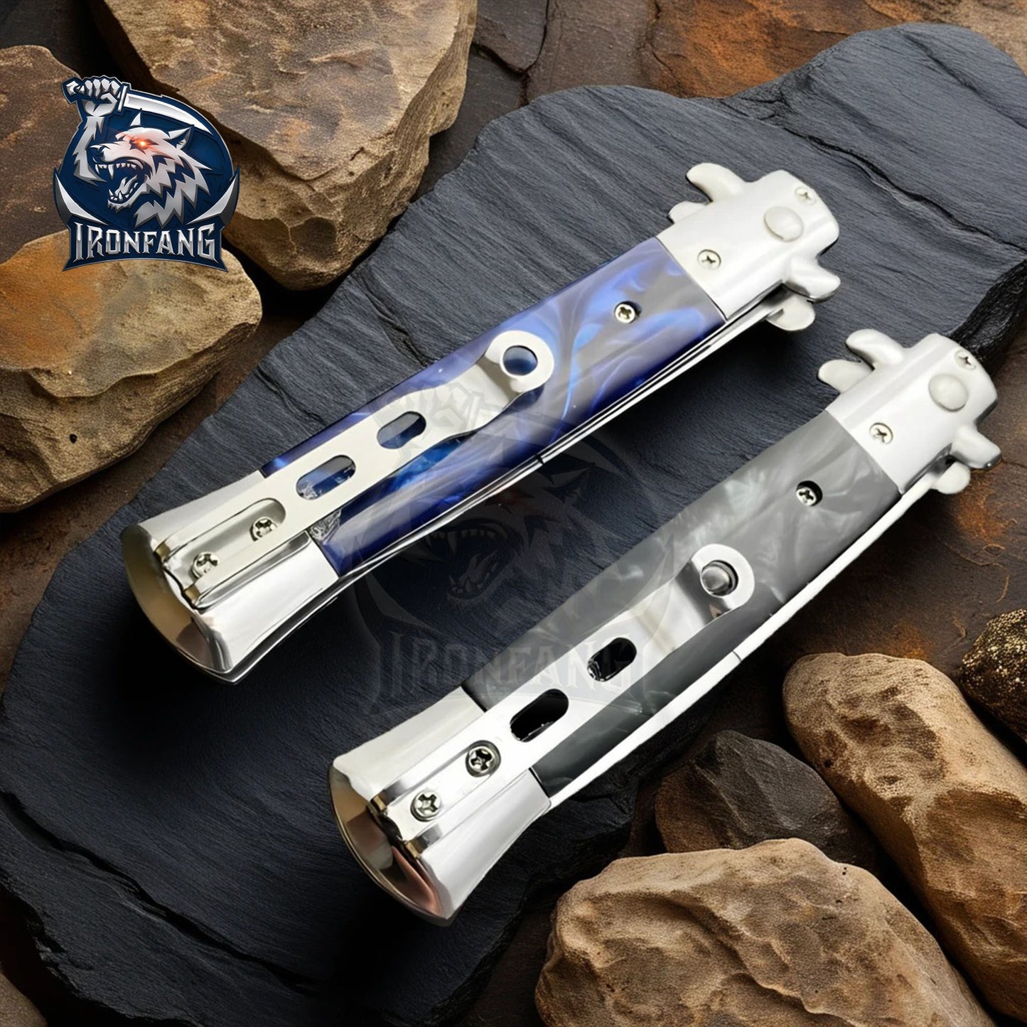 Premium 9" Italian Stiletto Folding Knife Godfather Corleone for Camping, Hunting - Gift for Men, Father, Boyfriend | Ironfangknife Blue