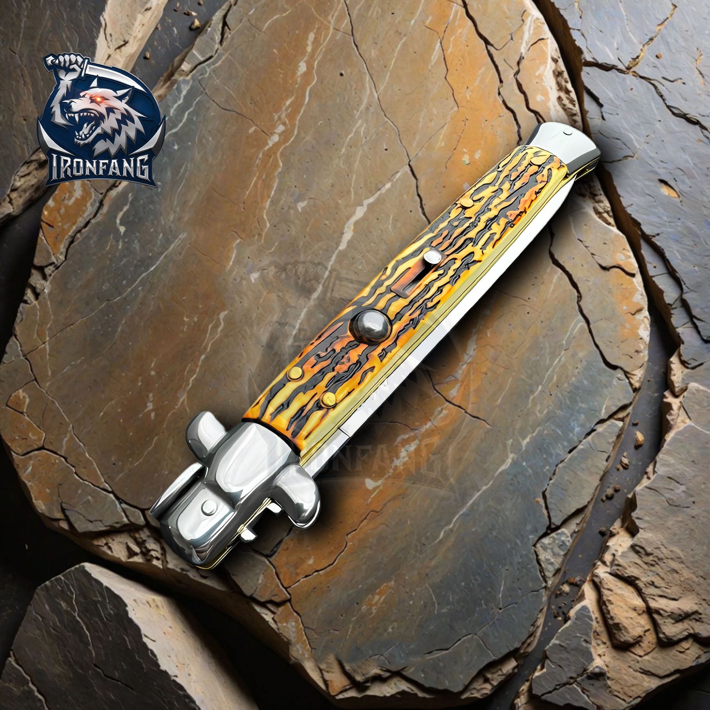 Premium 13" Italian Stiletto Folding Knife Godfather Corleone for Camping, Hunting - Gift for Men, Father, Boyfriend | Ironfangknife