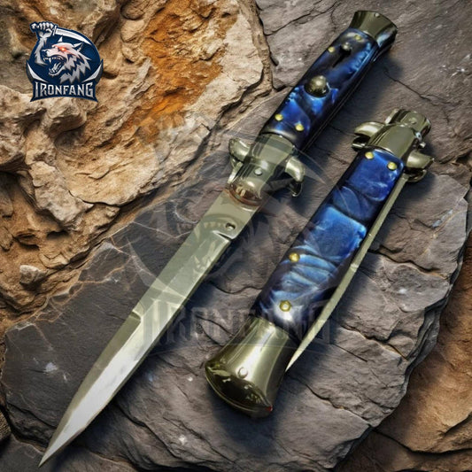 Premium 9" Italian Stiletto Folding Knife – Godfather Corleone Black Pearl (Blue Marble Handle)