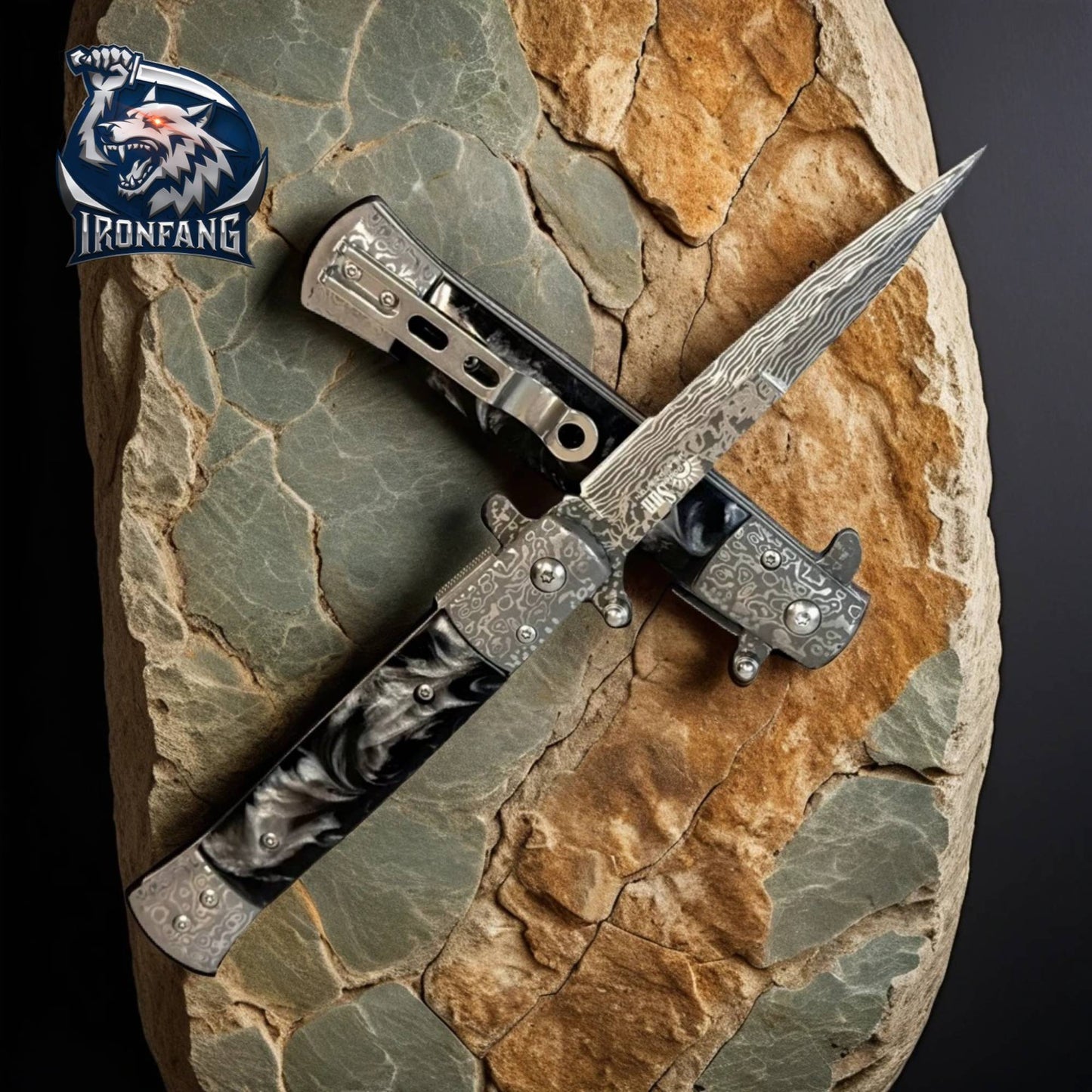 9-inches-Damascus-Stiletto-Folding-Knife-Italian-Godfather-Black-ironfangknife
