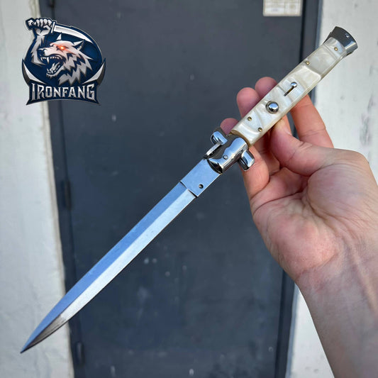 Premium 13" Big Boy Stiletto Folding Knife Italian Godfather Corleone for Camping, Hunting - Gift for Men, Father, Boyfriend | Ironfangknife White Pearl