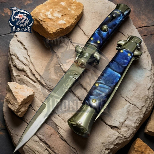 Premium-9-inches-Italian-Stiletto-Folding-Knife-Godfather-Ironfangknife-Blue