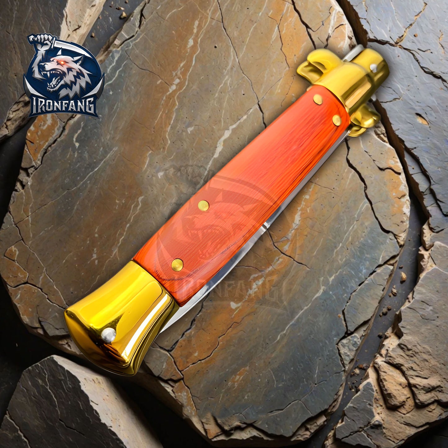 Premium 9" Italian Stiletto Folding Knife Godfather Corleone for Camping, Hunting - Gift for Men, Father, Boyfriend | Ironfangknife Gold/Wood