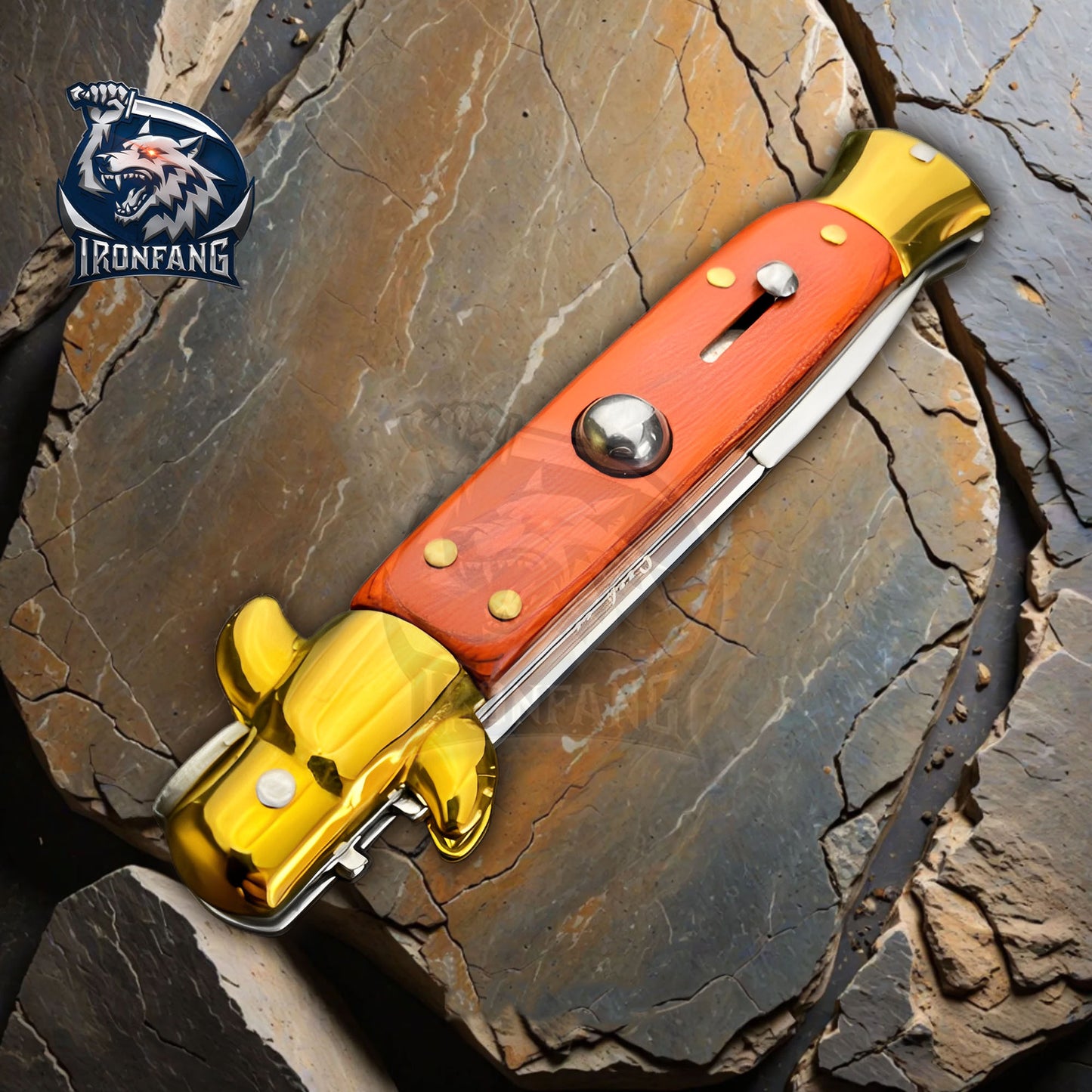 Premium 9" Italian Stiletto Folding Knife Godfather Corleone for Camping, Hunting - Gift for Men, Father, Boyfriend | Ironfangknife Gold/Wood