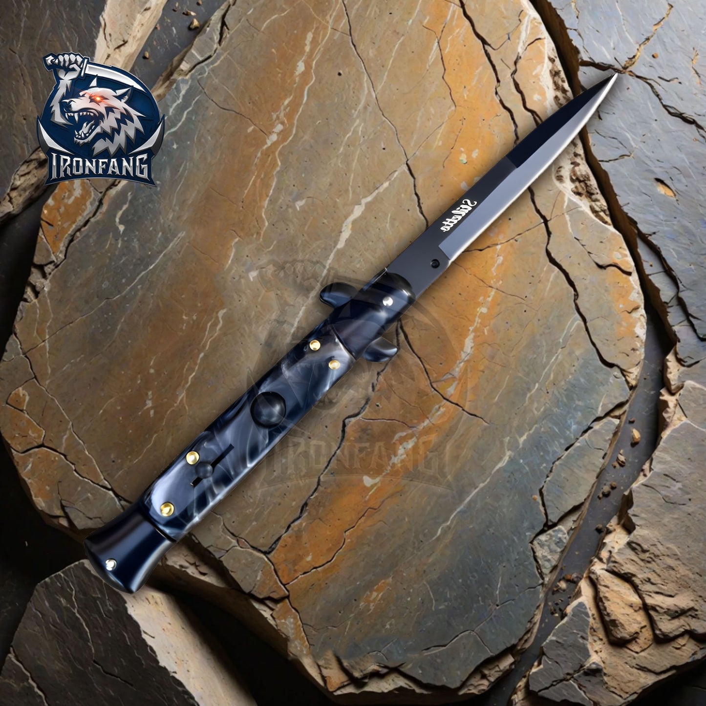 Premium 9" Italian Stiletto Folding Knife Godfather Corleone for Camping, Hunting - Gift for Men, Father, Boyfriend | Ironfangknife Black Pearl