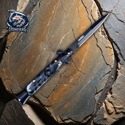 Premium 9" Italian Stiletto Folding Knife Godfather Corleone for Camping, Hunting - Gift for Men, Father, Boyfriend | Ironfangknife Black Pearl