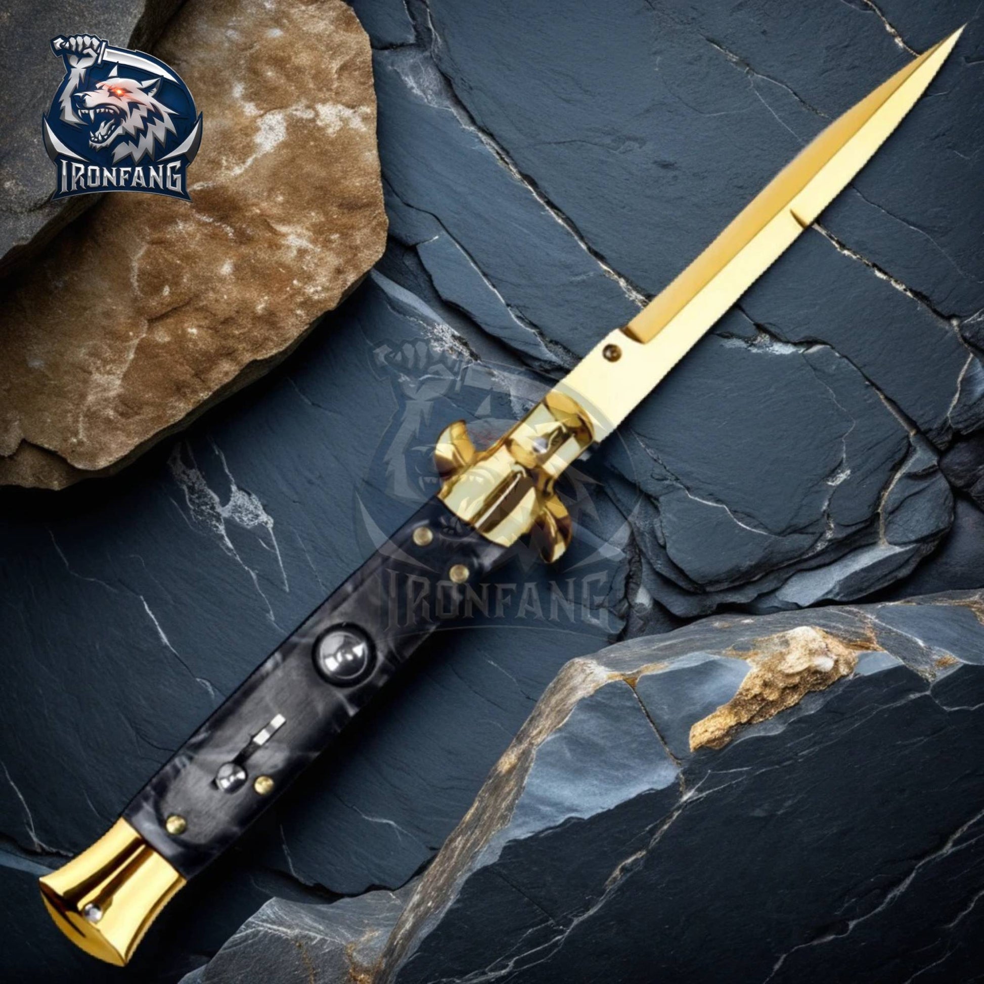 premium 9 inches gold stiletto ironfang knife