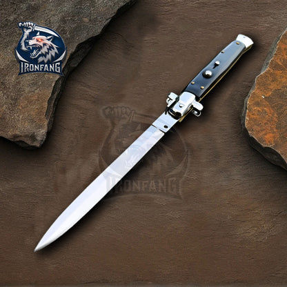 Premium 13" Big Boy Stiletto Folding Knife Italian Godfather Corleone for Camping, Hunting - Gift for Men, Father, Boyfriend | Ironfangknife Black