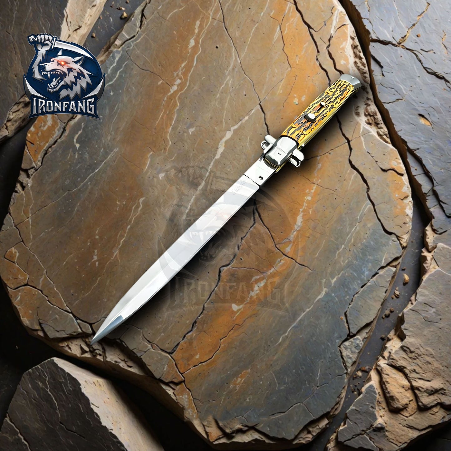 Premium 13" Italian Stiletto Folding Knife Godfather Corleone for Camping, Hunting - Gift for Men, Father, Boyfriend | Ironfangknife
