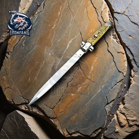 Premium 13" Italian Stiletto Folding Knife Godfather Corleone for Camping, Hunting - Gift for Men, Father, Boyfriend | Ironfangknife